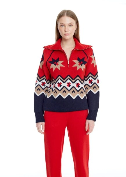 Star Patterned Zip Neck Extrafine Merino Knit Sweater - 1