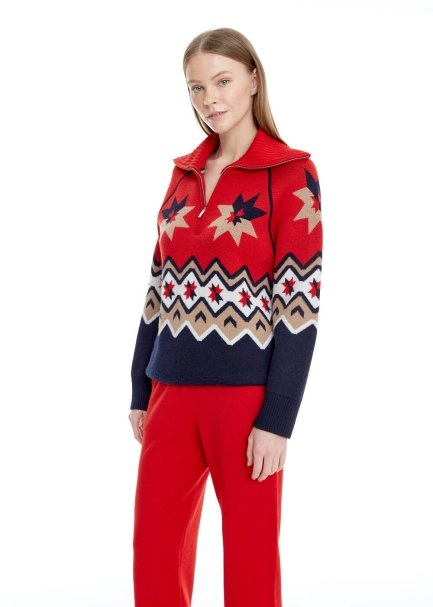 Star Patterned Zip Neck Extrafine Merino Knit Sweater - 3