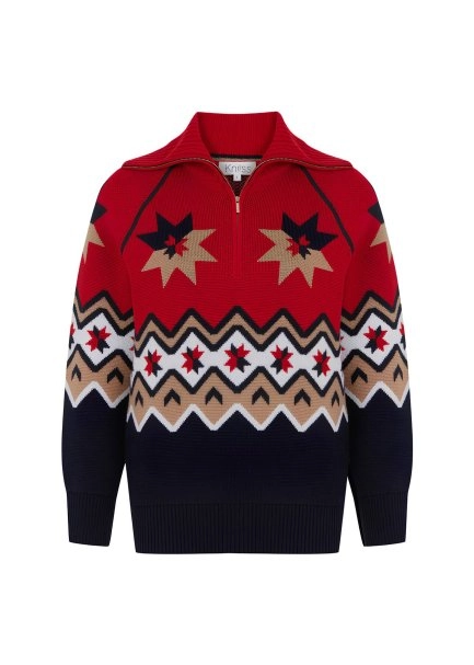 Star Patterned Zip Neck Extrafine Merino Knit Sweater - 6