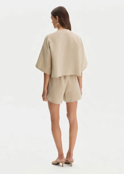 STONE CONTRAST DETAILED LINEN SHORTS - 5