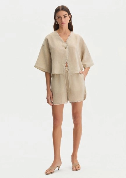 STONE CONTRAST DETAILED LINEN TOP - 4