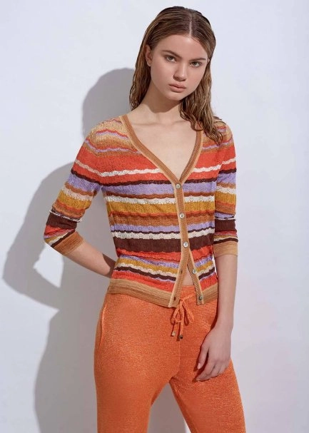 STRIPE PATTERNED TERRACOTTA KNIT CARDIGAN - 6