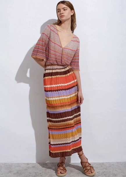 Stripe Patterned Terracotta Knıt Dress - 1