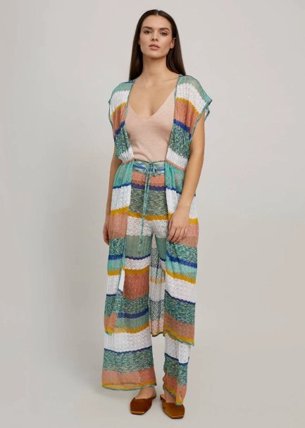  Striped Pointelle Drawstring Waist Long Knit Vest - 1