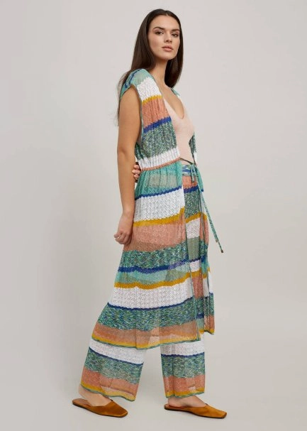  Striped Pointelle Drawstring Waist Long Knit Vest - 4