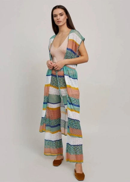  Striped Pointelle Drawstring Waist Long Knit Vest - 5