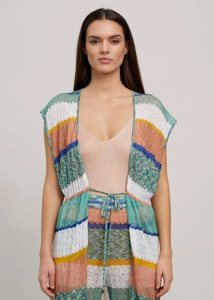  Striped Pointelle Drawstring Waist Long Knit Vest - 7