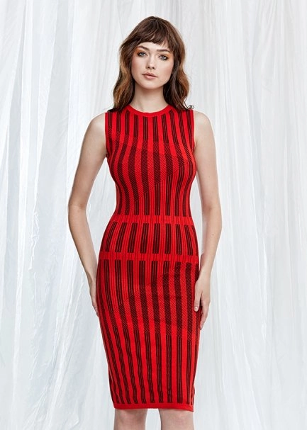 Striped Sleeveless Red Knit Midi Dress - 1
