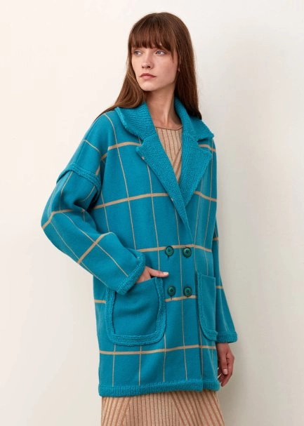 Strıped Turquoıse Wool Knıt Coat - 1