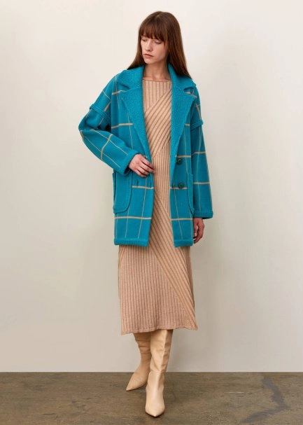 Strıped Turquoıse Wool Knıt Coat - 5