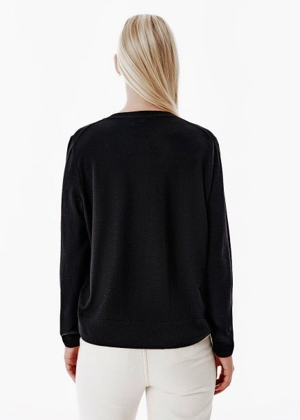 Superfine Knit BlackButton-Detail Collar Sweater - 5