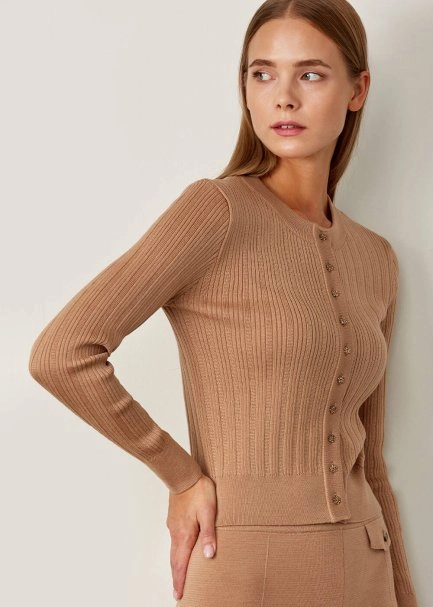 Taşlı Düğme Detaylı Camel Kısa Triko Hırka - 6