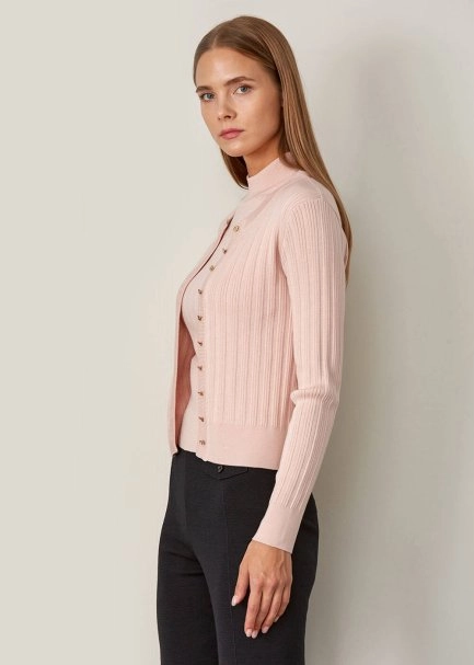 Taşlı Düğme Detaylı Pembe Kısa Triko Hırka - 4