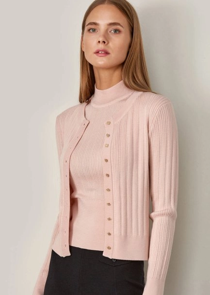 Taşlı Düğme Detaylı Pembe Kısa Triko Hırka - 6