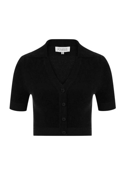 Taşlı Düğmeli Siyah Crop Triko Üst - 6