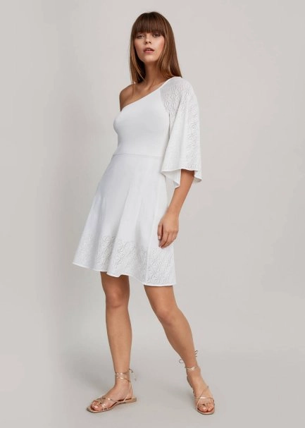 Tek Kol Beyaz Mini Yazlık Triko Elbise - 5