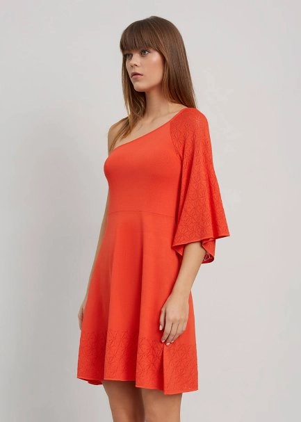 Tek Kol Mercan Rengi Mini Yazlık Triko Elbise - 4