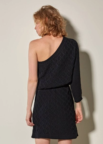 Tek Omuz Belden Kemerli Siyah Yün Triko Elbise - 3