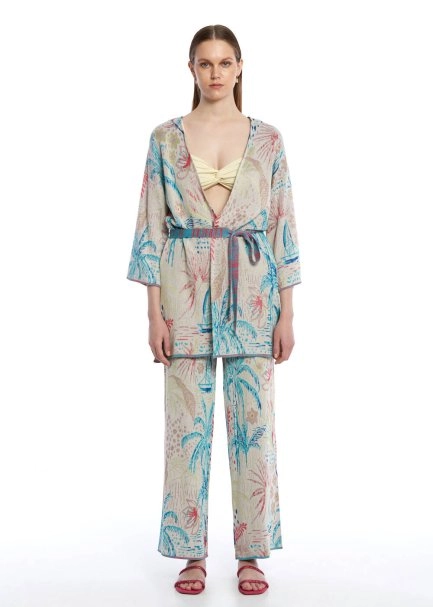 Tropıcal Desenli Triko Kimono - 2