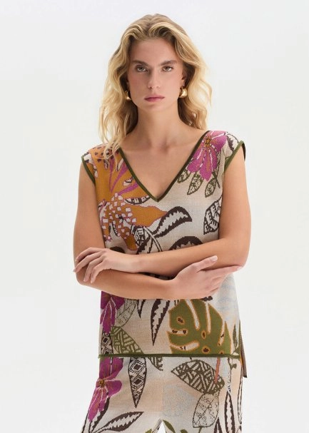 TROPICAL PATTERN DETAILED KNIT TOP - 1