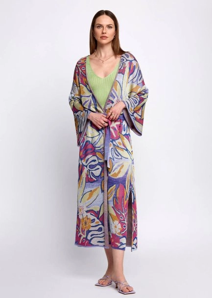 Tropikal Desenli Çok Renkli Triko Kaftan - 4