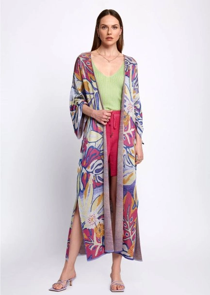 Tropikal Desenli Çok Renkli Triko Kaftan - 5