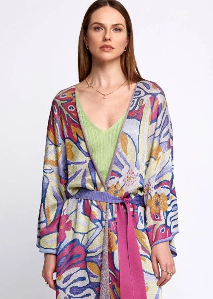 Tropikal Desenli Çok Renkli Triko Kaftan - 6