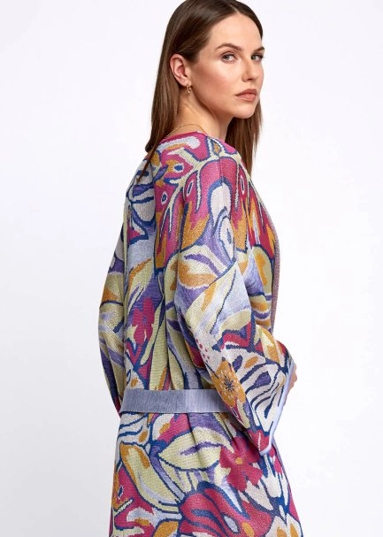 Tropikal Desenli Çok Renkli Triko Kaftan - 7
