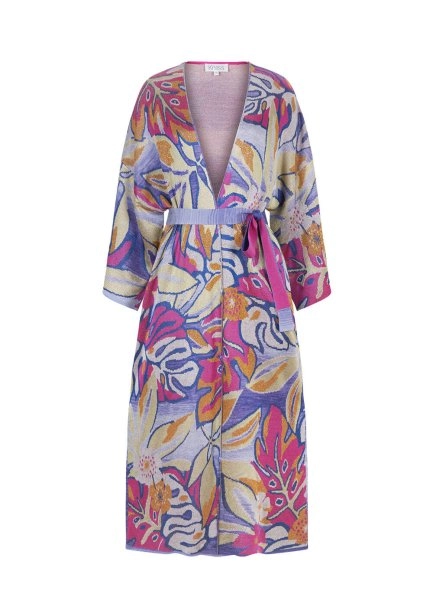 Tropikal Desenli Çok Renkli Triko Kaftan - 8