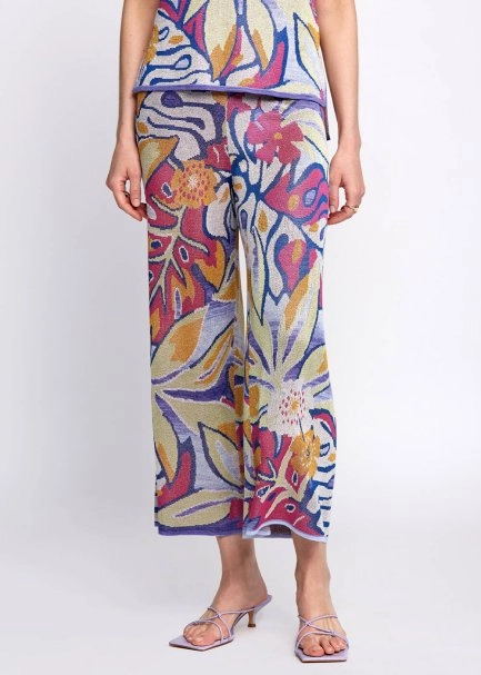 Tropikal Desenli Çok Renkli Triko Pantolon - 1