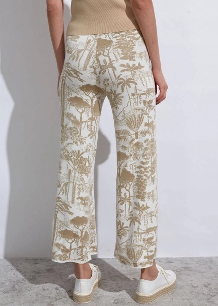 Tropikal Desenli Ekru Bej Triko Pantolon - 7