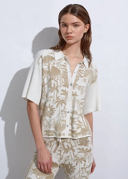 Tropikal Desenli Ekru Bej Triko Üst - 1
