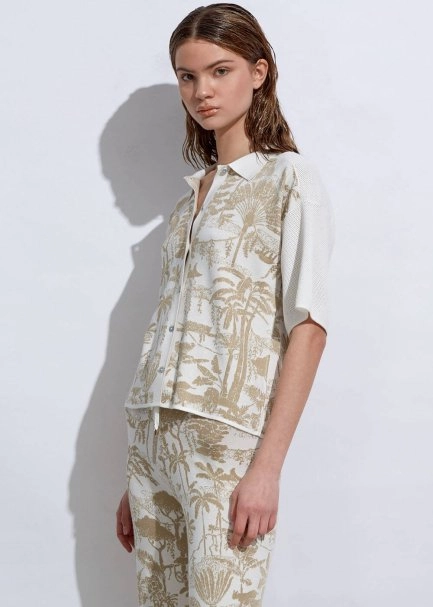 Tropikal Desenli Ekru Bej Triko Üst - 2