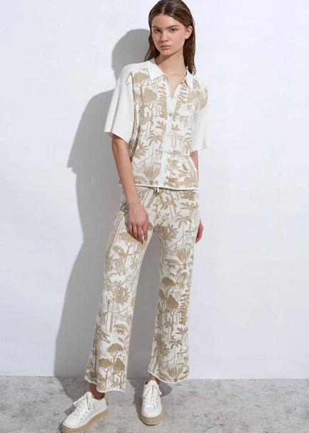 Tropikal Desenli Ekru Bej Triko Üst - 4