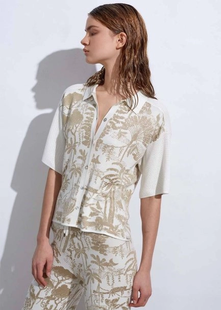 Tropikal Desenli Ekru Bej Triko Üst - 5