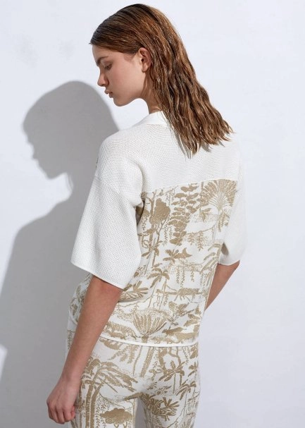 Tropikal Desenli Ekru Bej Triko Üst - 6