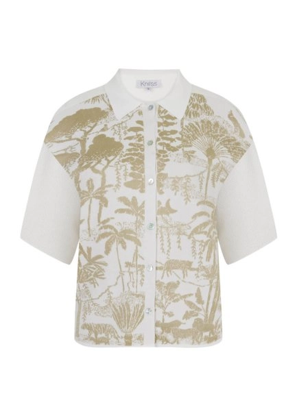 Tropikal Desenli Ekru Bej Triko Üst - 7