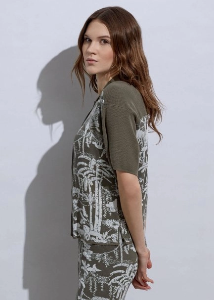 Tropikal Desenli Ekru Haki Triko Üst - 3