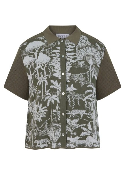 Tropikal Desenli Ekru Haki Triko Üst - 8