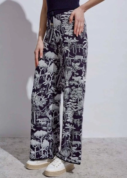 Tropikal Desenli Ekru Lacivert Triko Pantolon - 2