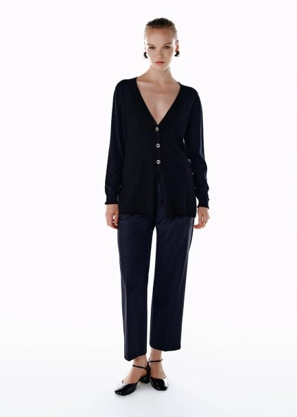 ULTRAFINE BLACK ORGANIC CASHMERE KNIT CARDIGAN - 2