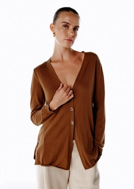 ULTRAFINE PECAN ORGANIC CASHMERE KNIT CARDIGAN - 1