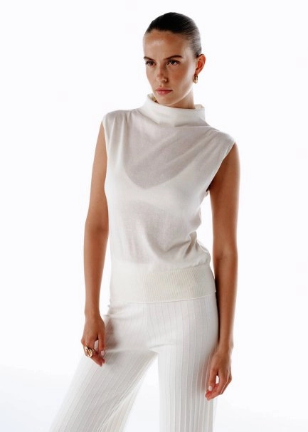 ULTRAFINE WOOL CASHMERE BLEND KNIT TOP ECRU - 3