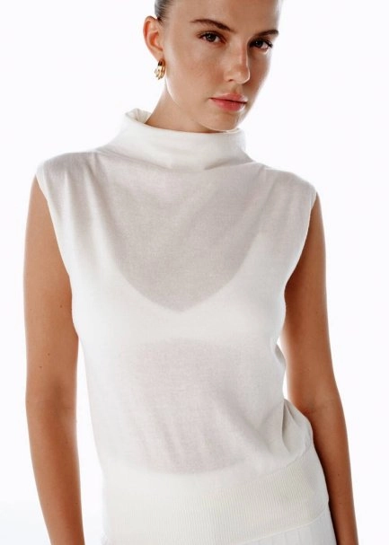 ULTRAFINE WOOL CASHMERE BLEND KNIT TOP ECRU - 1