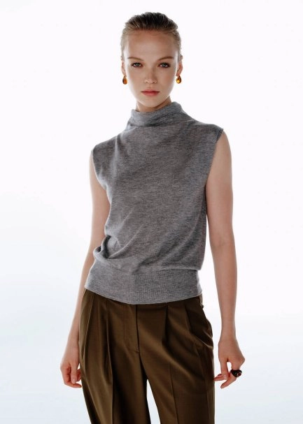 ULTRAFINE WOOL CASHMERE BLEND KNIT TOP MID GREY - 1