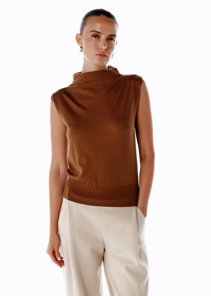 ULTRAFINE WOOL CASHMERE BLEND KNIT TOP PECAN - 3