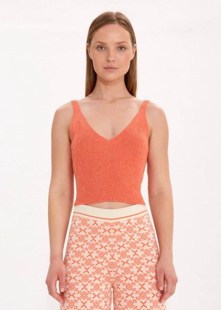 V NECK APRICOT CROP KNIT TOP - 1