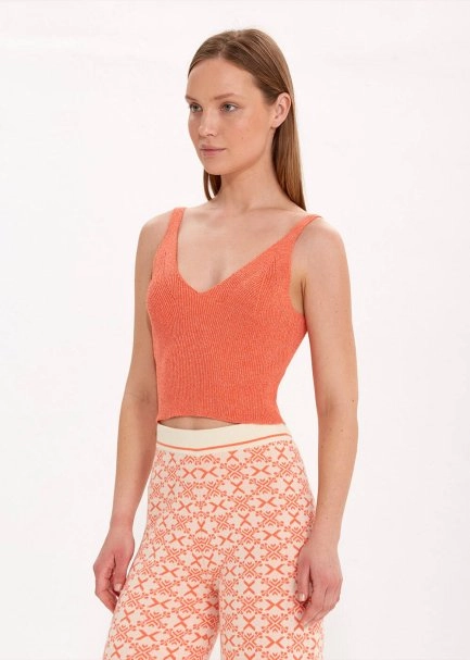 V NECK APRICOT CROP KNIT TOP - 3