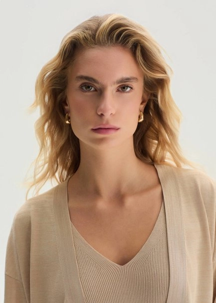 V NECK BEIGE KNIT CARDIGAN - 3