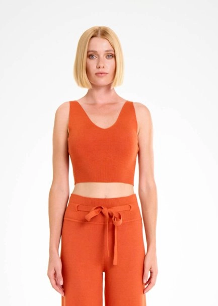V NECK CROP PUMPKIN KNIT TOP - 1